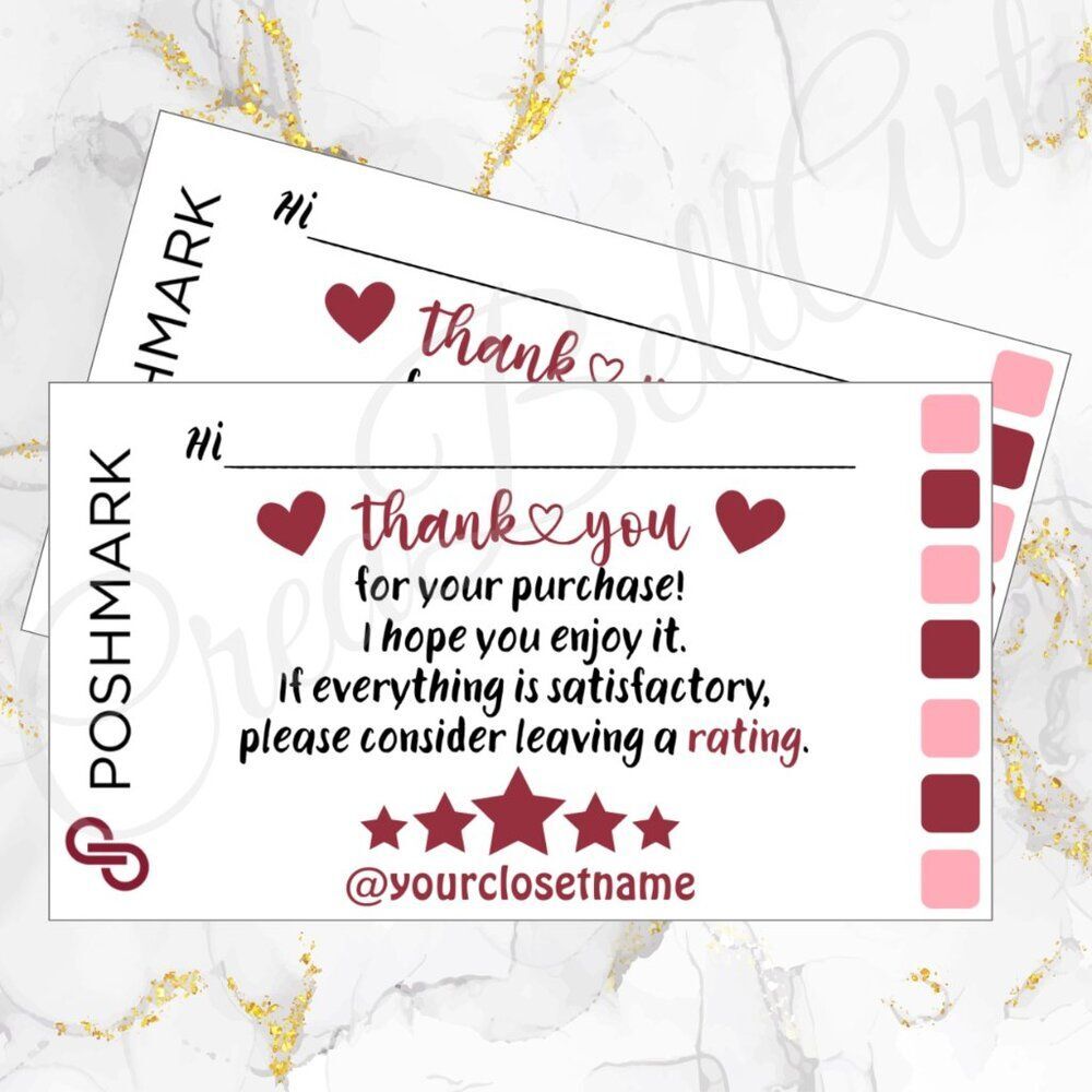 100 Pack POSHMARK THANK YOU  Cards Perzonalized 3.5" x 2"